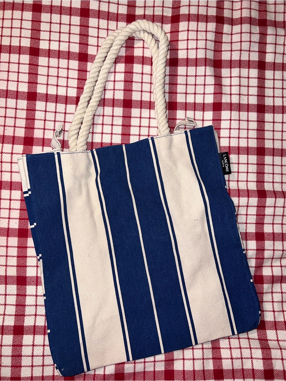Lancome Navy and Cream Striped Canvas Tote with Rope Handles